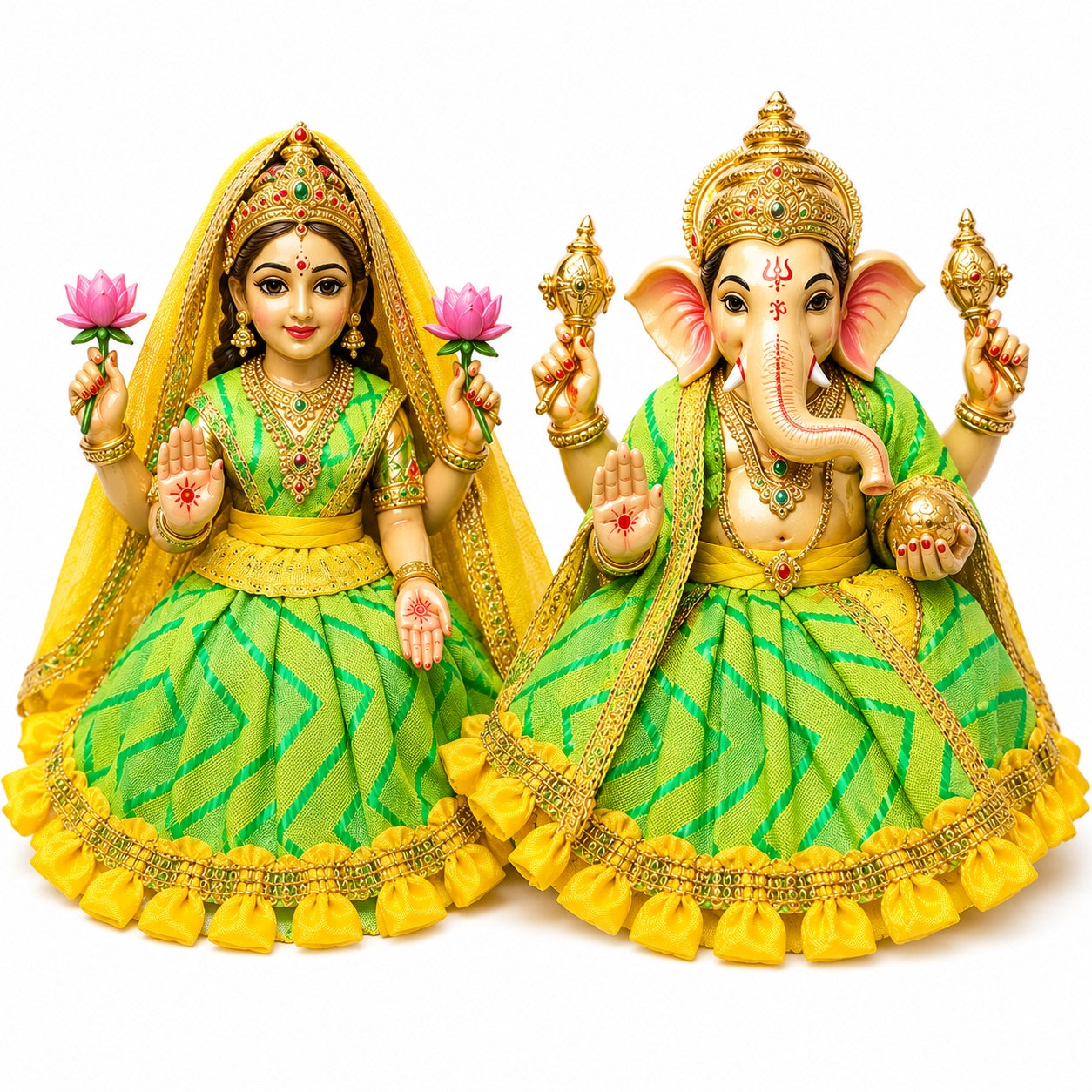 Bansuri Premium Handmade Ganesh Lakshmi Dress | Green & Yellow Deity Poshak | Festival Special (2 Inch)