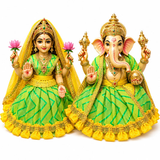Bansuri Premium Handmade Ganesh Lakshmi Dress | Green & Yellow Deity Poshak | Festival Special (2 Inch)