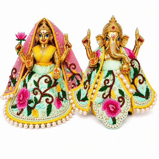Bansuri Premium Handmade Mint Green Floral Embroidered Ganesh Lakshmi Dress | Designer Deity Poshak with Pearl Work (3.5 Inch)