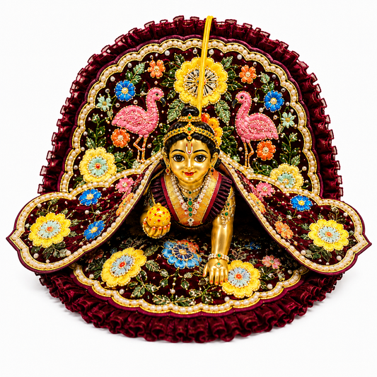 Bansuri Premium Handmade Maroon Floral Embroidered Laddu Gopal Dress | Designer Velvet Poshak (10 Inch)