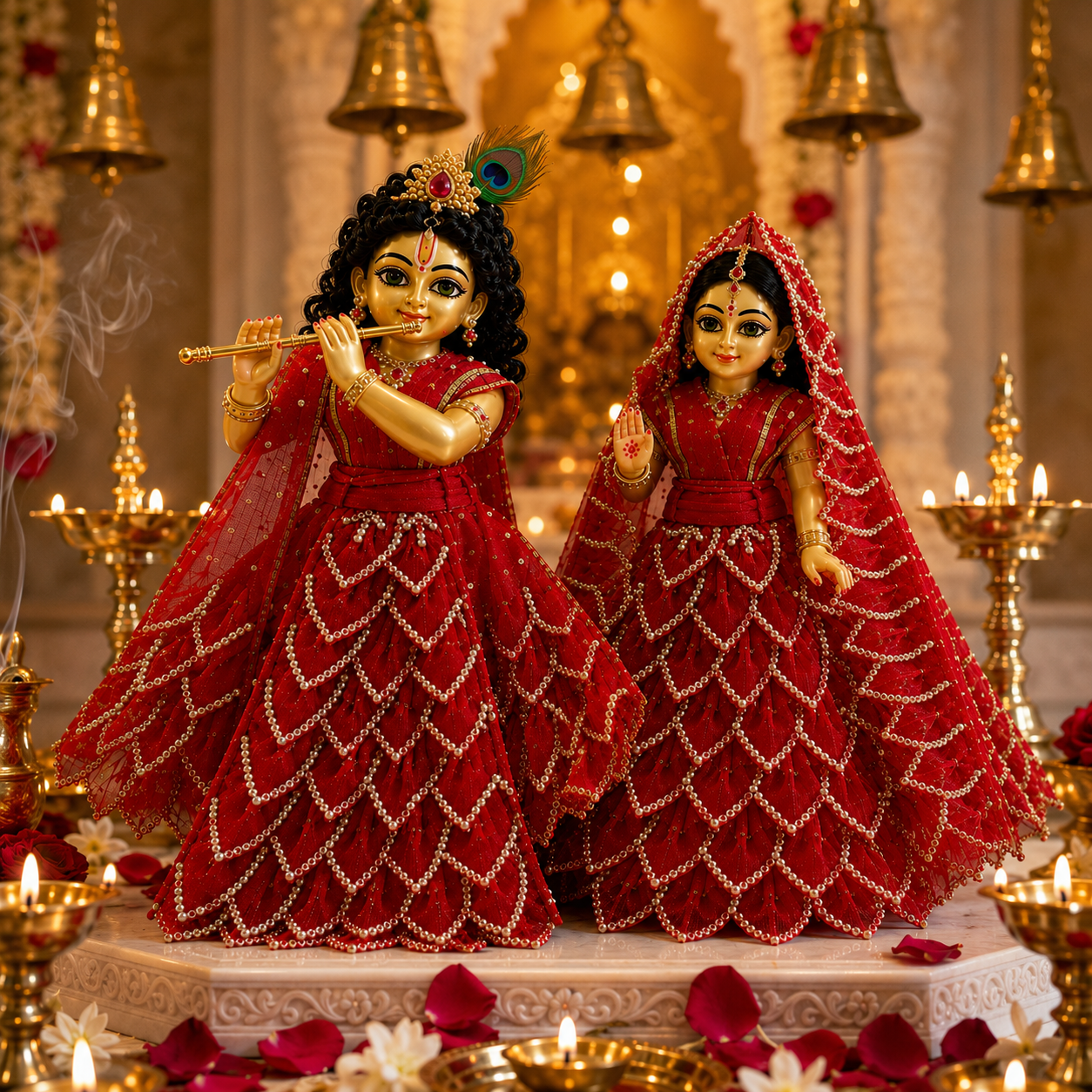 Bansuri Premium Handmade Radha Krishna Poshak Set | Red Pearl Embroidered Radha Krishna Dress | Designer Radha Krishna Shringar Collection (FR239)