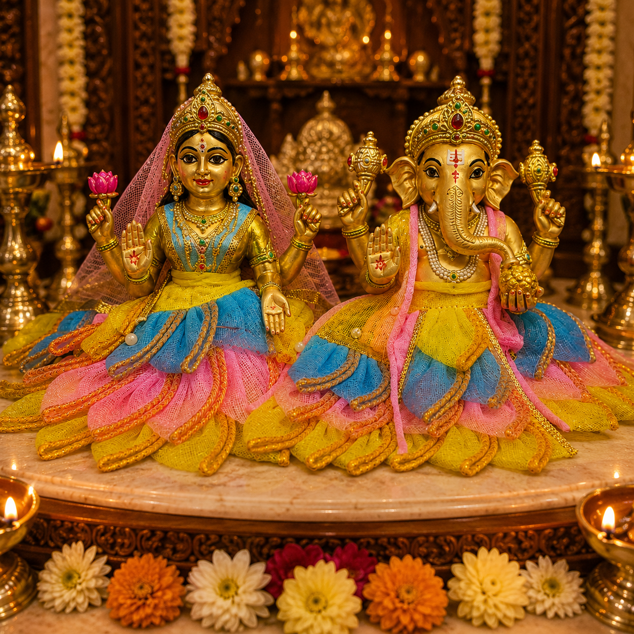 Ganesha Lakshmi Ji idol set decorated with colorful designer deity dresses for Diwali puja