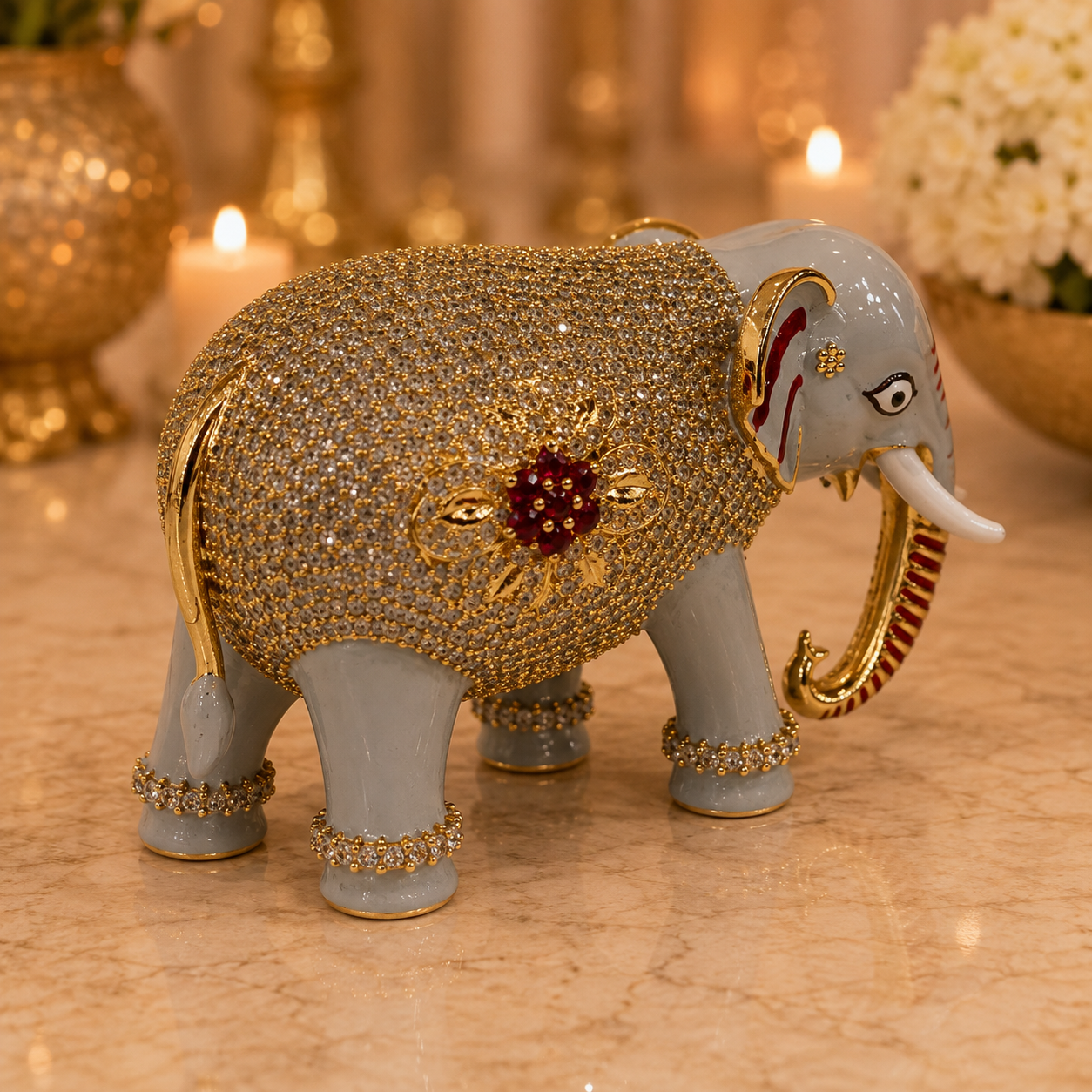 Bansuri Premium Crystal Elephant Showpiece | Luxury Decorative Elephant Figurine | Handmade Gold & Grey Home Décor Statue | Elegant Gift & Vastu Elephant