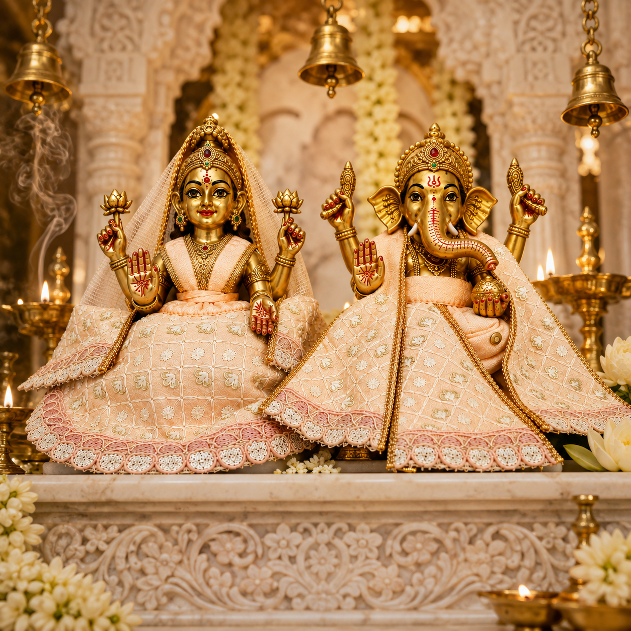 Bansuri Premium Handmade Ganesh Ji Lakshmi Ji Poshak Set | Peach Embroidered Designer Ganesh Lakshmi Dress | Festival & Daily Shringar Collection (PEA266)