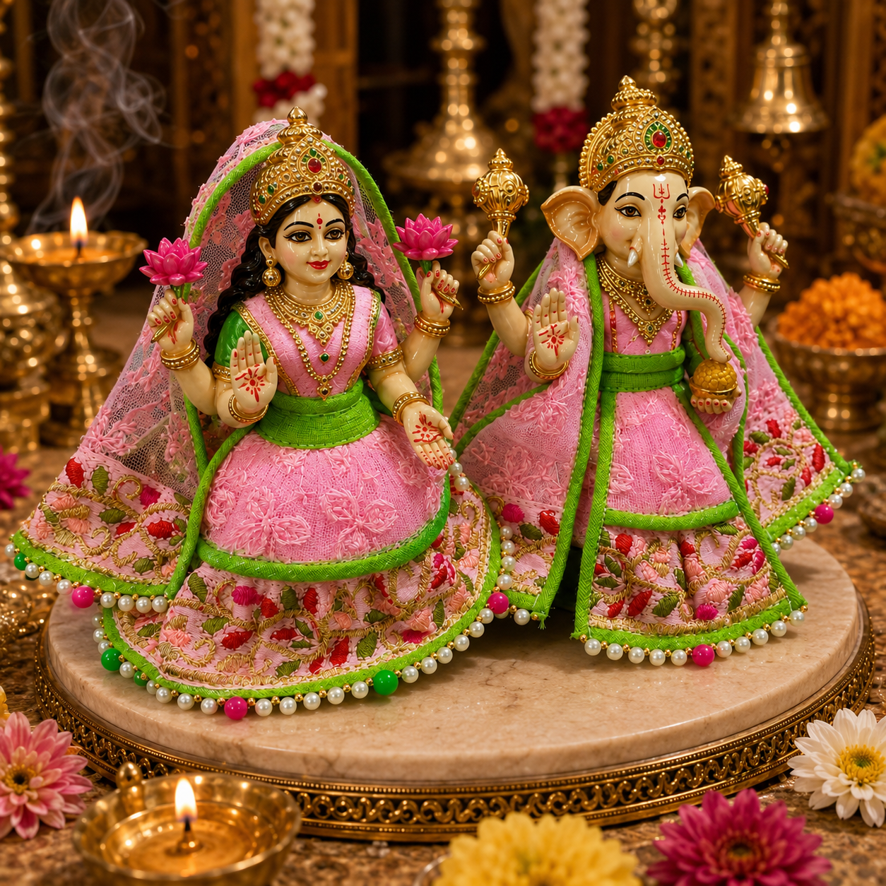 Bansuri Premium Handmade Pink & Green Ganesh Lakshmi Ji Dress Set | Designer Poshak for Ganesh Lakshmi Idol | Festive Pooja Shringar (THPI286)