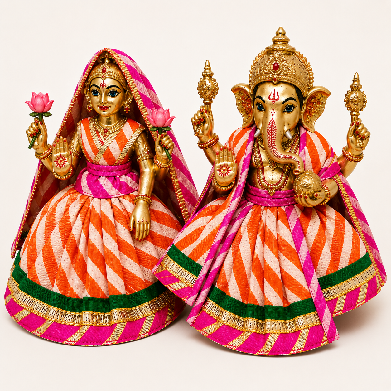 Bansuri Premium Orange & White Ganesh Lakshmi Dress | Designer Poshak with Pink Green & Golden Border (5 Inch)