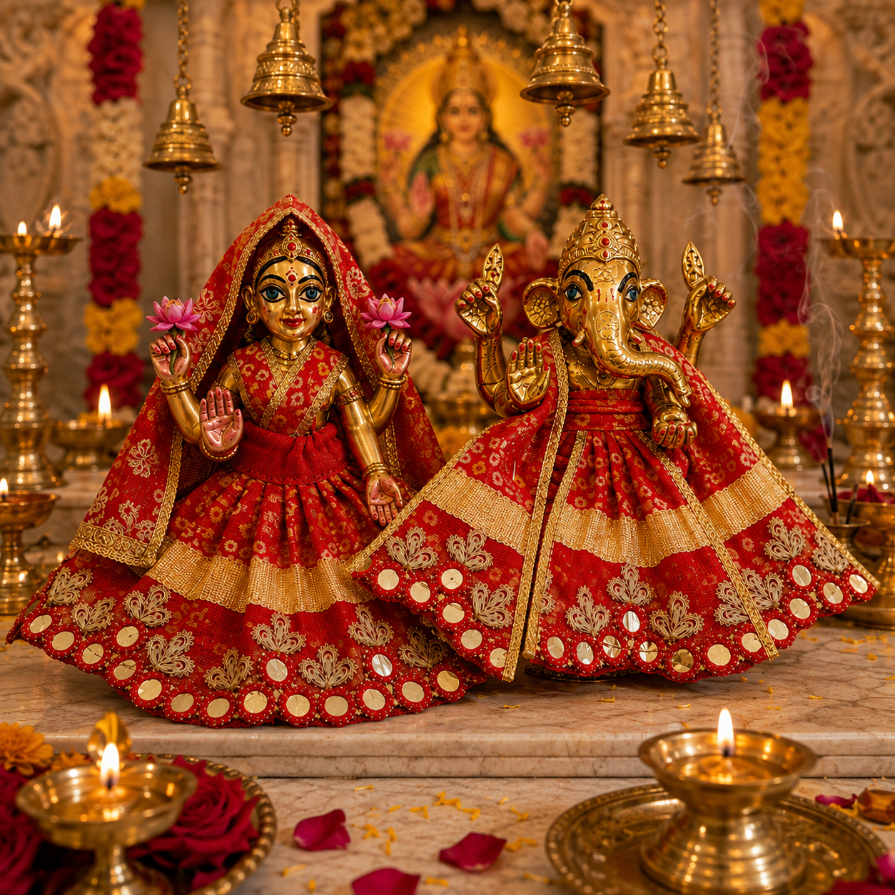 Bansuri Premium Handmade Lakshmi Ganesh Poshak | Red & Gold Designer Dress for Lakshmi Ji and Ganesh Ji (RB262)