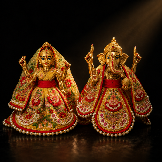 Bansuri Premium Floral Ganesh Lakshmi Dress | Golden Yellow Designer Poshak with Pearl Work (3 Inch)