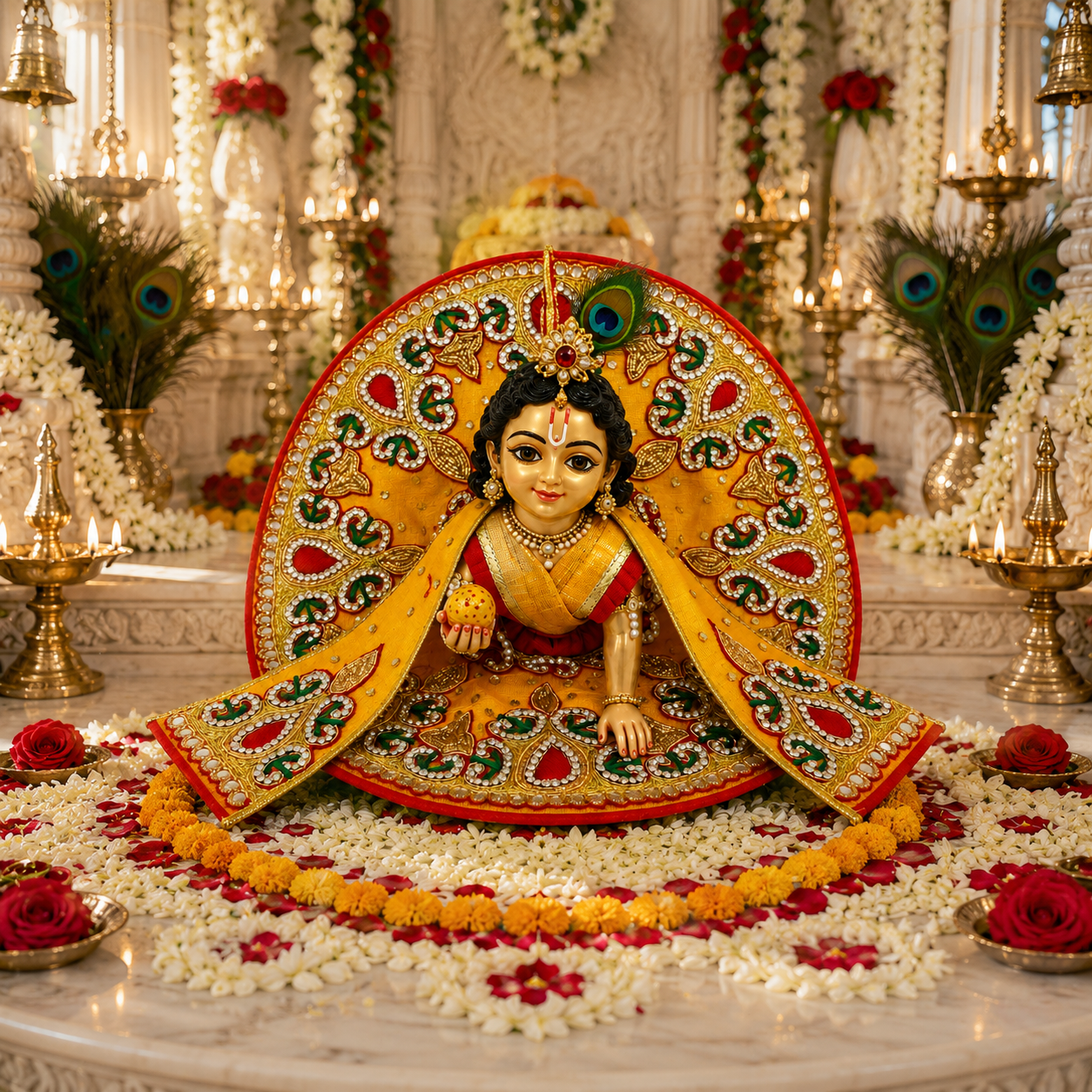 Bansuri Handmade Laddu Gopal Poshak | Premium Yellow Red Designer Dress Set with Embroidered Backdrop for Krishna Ji (8 Inch)