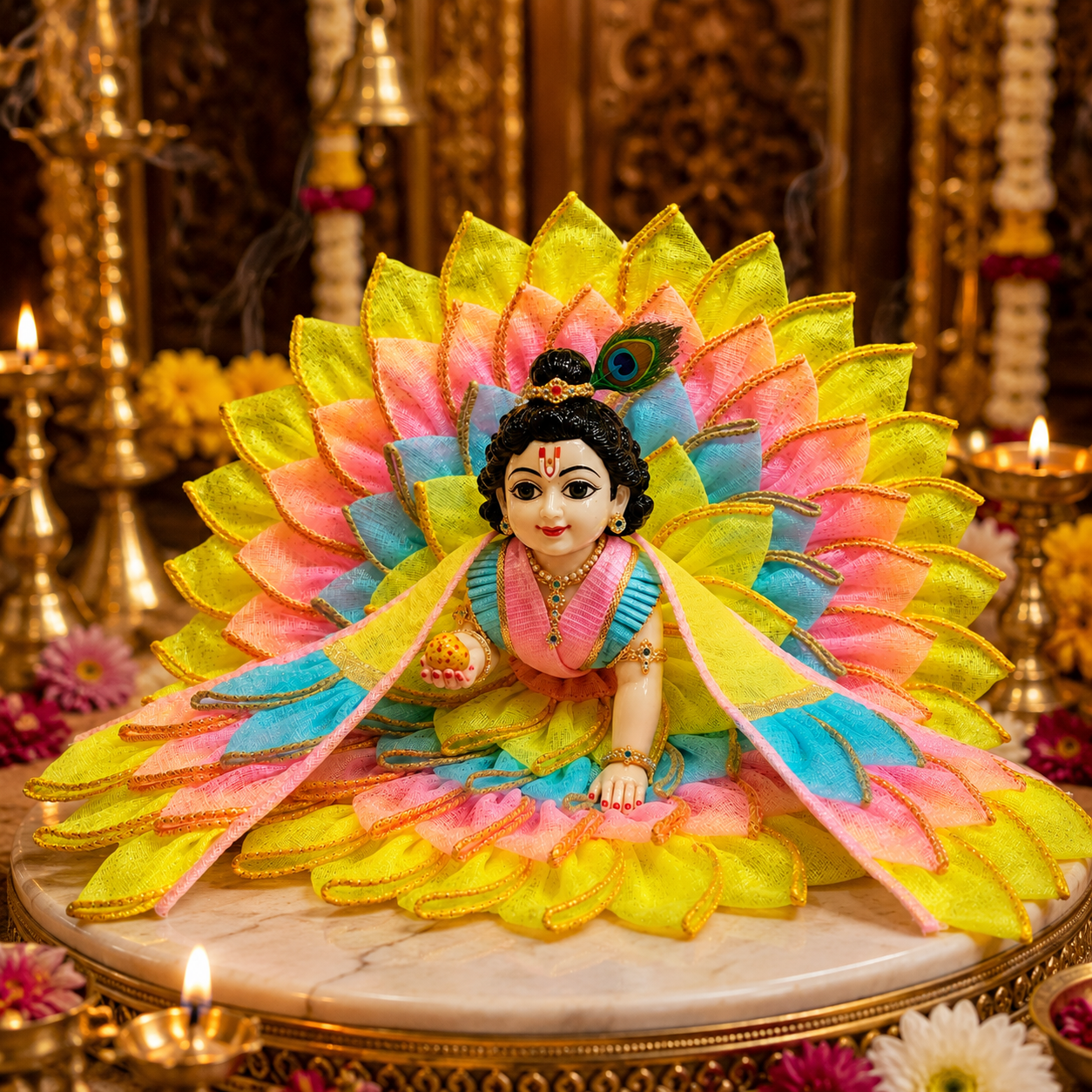 Bansuri Premium Handmade Laddu Gopal Poshak | Designer Kanha Ji Dress with Multicolor Lotus Layered Design | Festive Deity Dress for Janmashtami, Daily Shringar & Temple Decoration (TCO240)