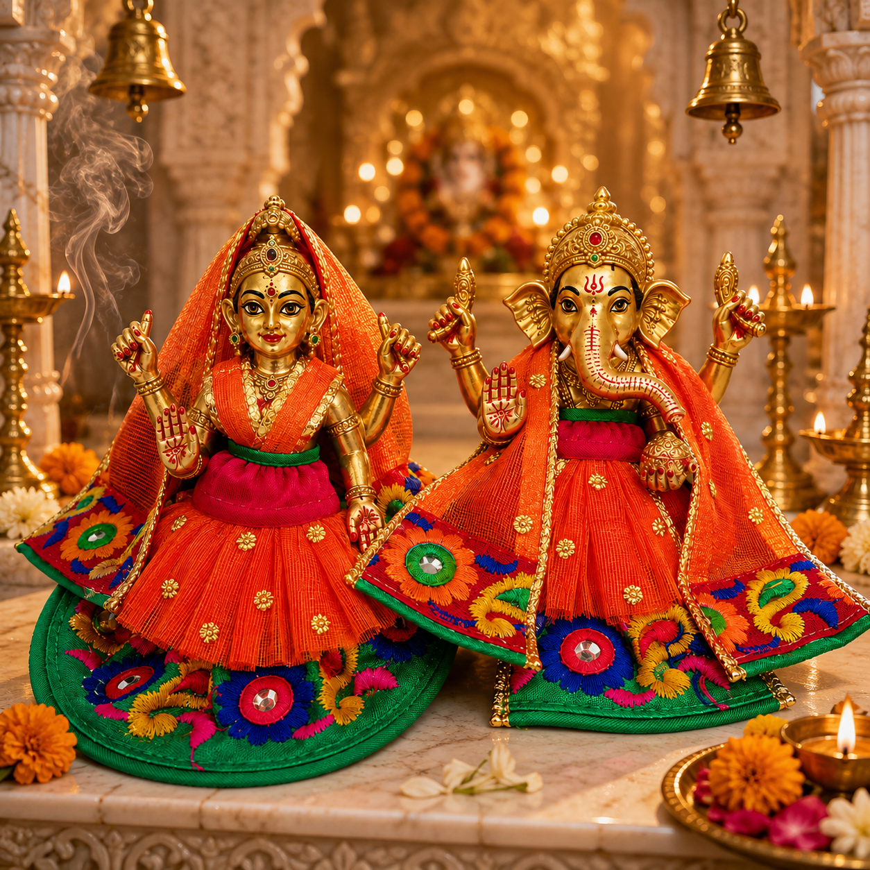 Bansuri Premium Handmade Ganesh Lakshmi Poshak | Designer Ganesh Ji Lakshmi Ji Dress | Orange Embroidered Deity Vastra (ODL113)