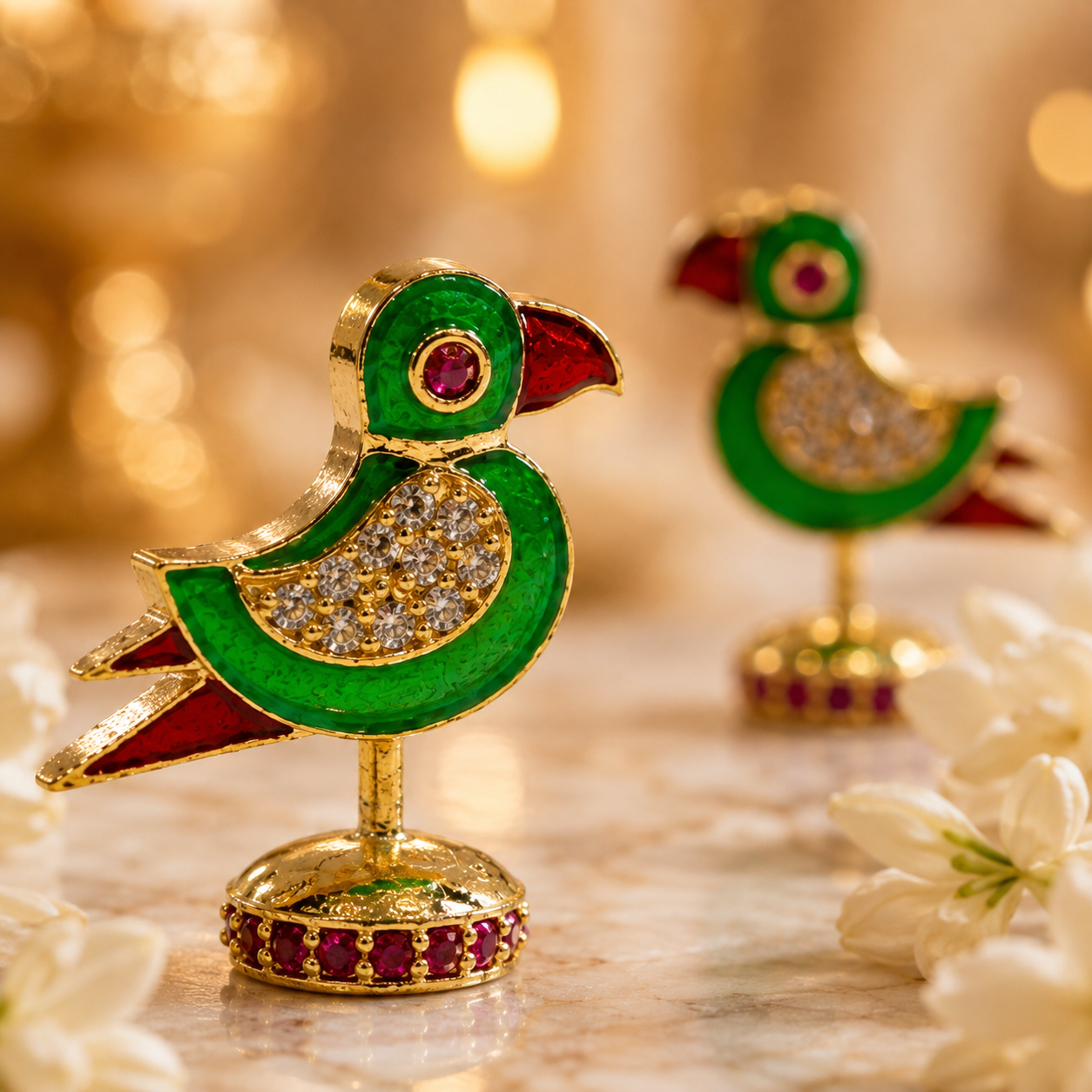 Bansuri Premium Crystal Parrot Showpiece for Home Temple | Luxury Decorative Pair for Radha Krishna & Other Deity Singhasan | Handcrafted Devotional Mandir Decor