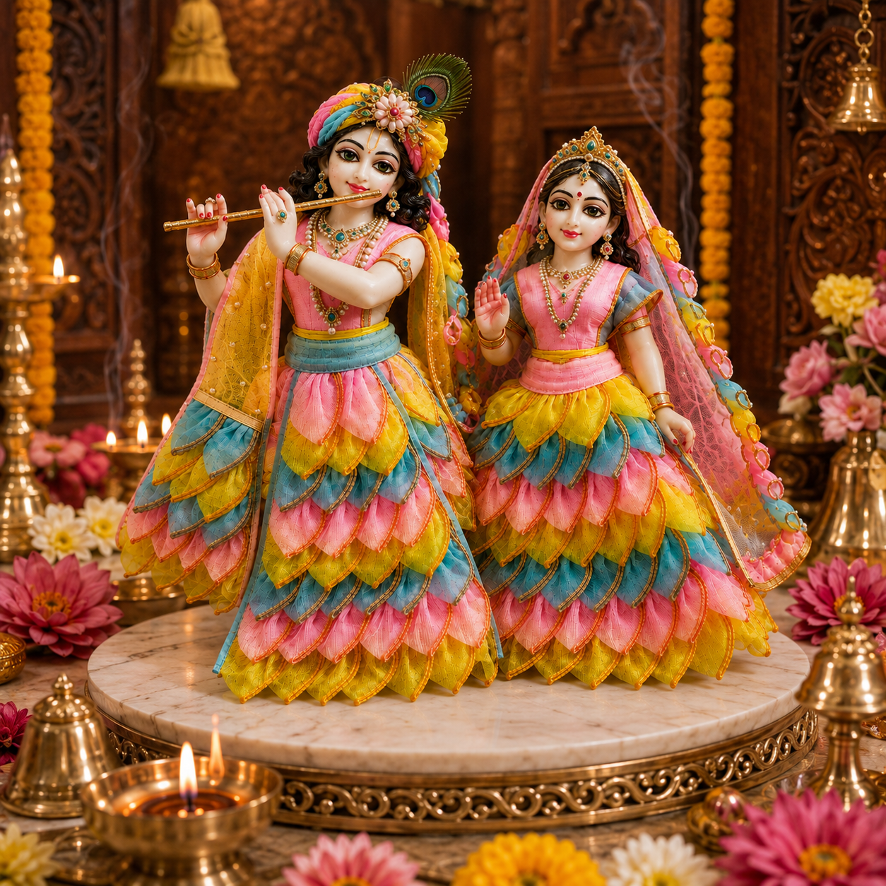 Bansuri Premium Handmade Radha Krishna Poshak | Designer Radha Rani & Krishna Ji Dress with Layered Floral Design | Festive Deity Dress for Janmashtami, Radhashtami & Daily Shringar (TCO240)