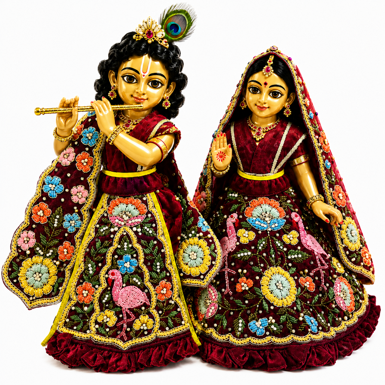 Radha Krishna Deity Dress – Maroon Velvet Zardosi Embroidered Poshak with Peacock Feather Crown Set