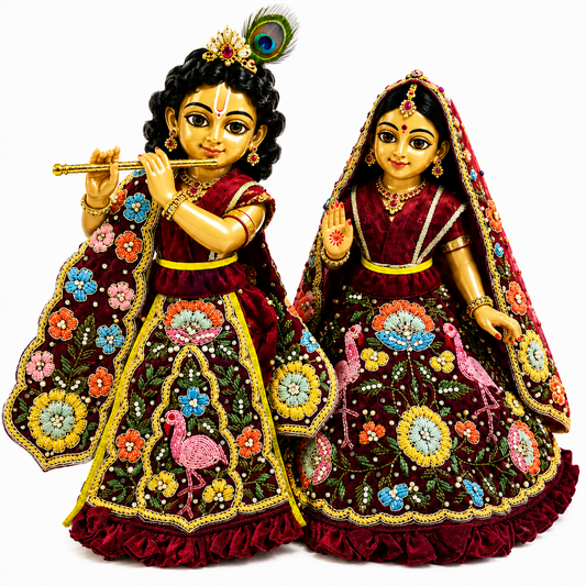 Bansuri Premium Handmade Maroon Floral Embroidered Radha Krishna Dress | Designer Velvet Poshak (6 Inch)
