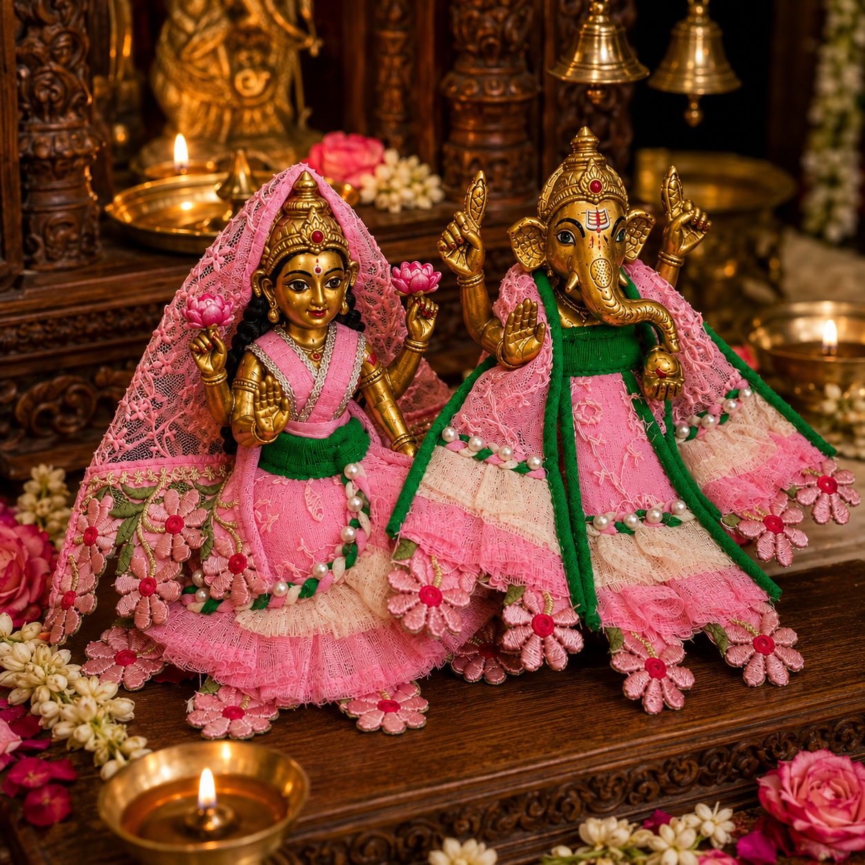 Bansuri Premium Handmade Ganesh Ji Lakshmi Ji Poshak Set | Pink Green Floral Embroidered Ganesh Lakshmi Dress | Designer Festival Shringar Collection (PIGR241)