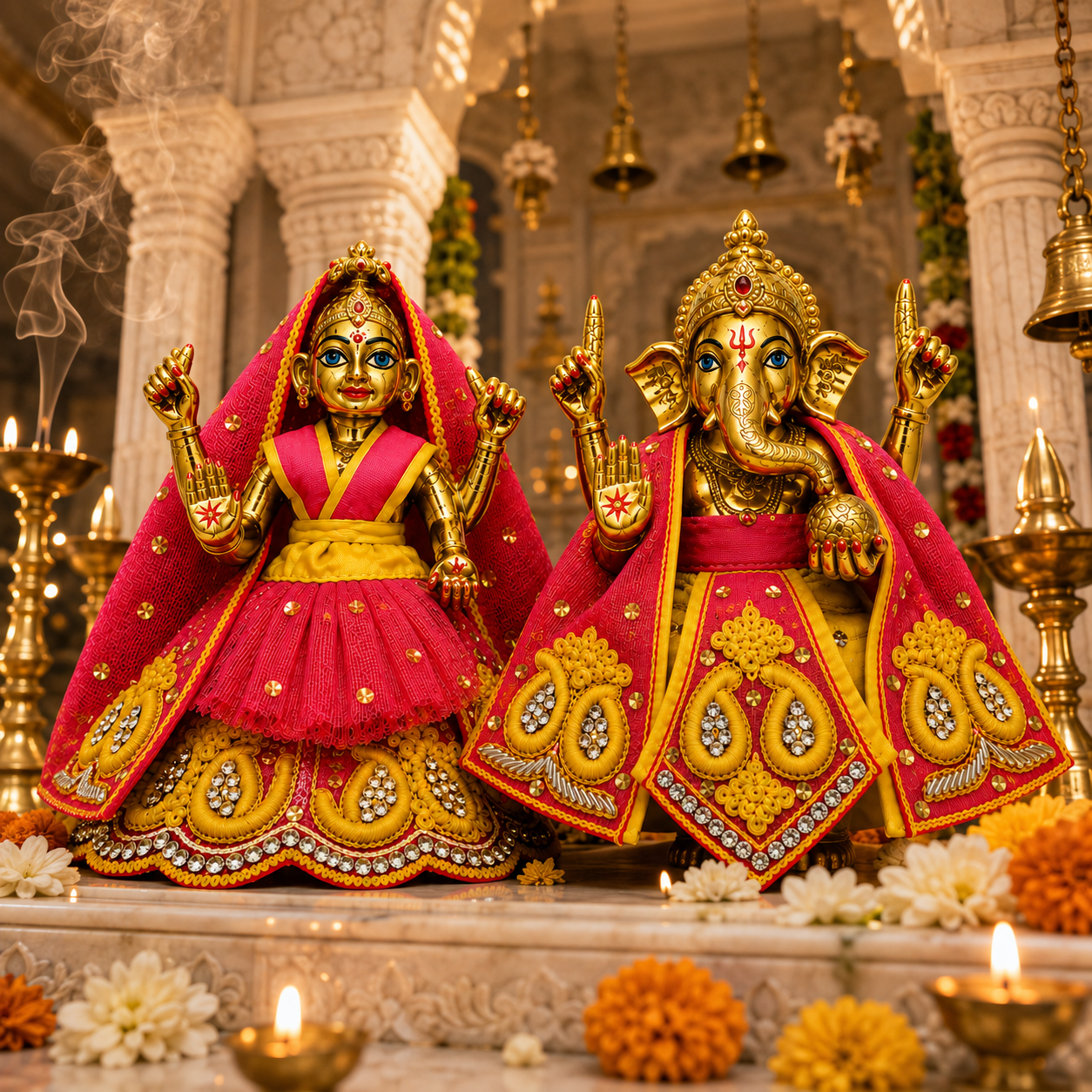Bansuri Premium Handmade Ganesh Lakshmi Poshak | Designer Ganesh Ji Lakshmi Ji Dress | Yellow & Pink Embroidered Deity Vastra | Festival Collection