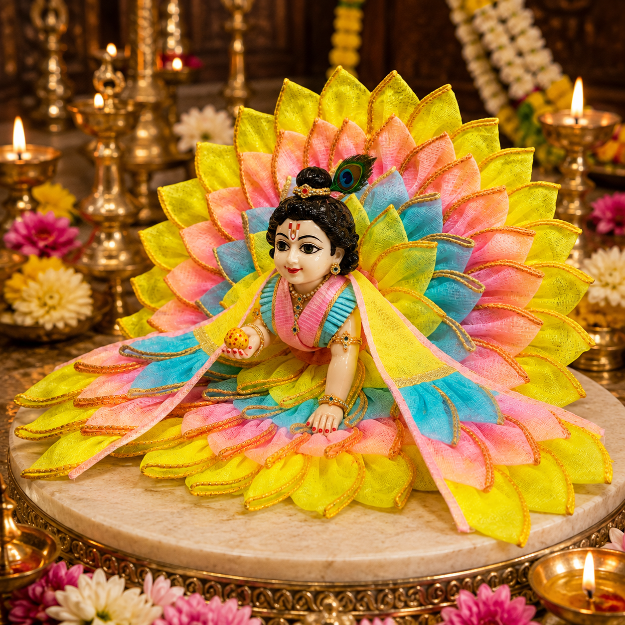 Bansuri Premium Handmade Laddu Gopal Poshak | Designer Kanha Ji Dress with Multicolor Lotus Layered Design | Festive Deity Dress for Janmashtami, Daily Shringar & Temple Decoration (TCO240)