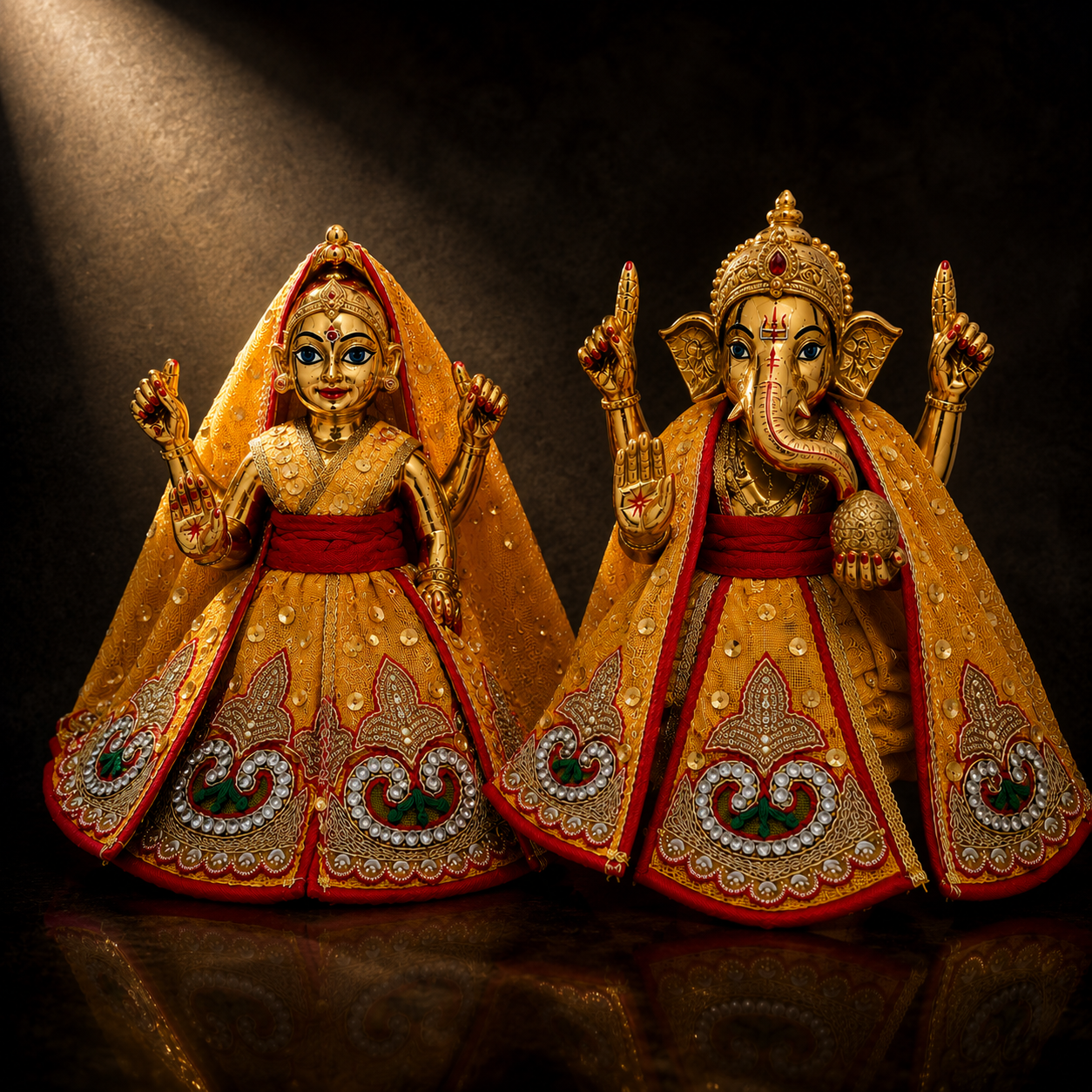 Lakshmi Ganesh Idol Dress | Golden Yellow Deity Outfit with Red Border & Pearl Work | Pooja Murti Vastra – Bansuri MT131GL