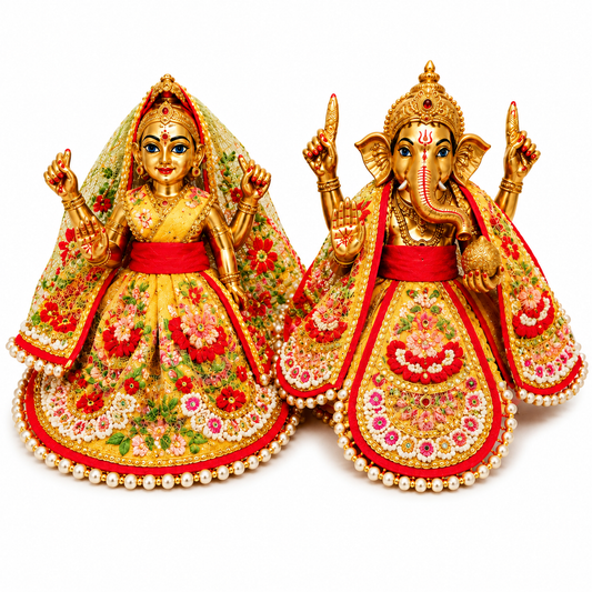 Bansuri Premium Floral Ganesh Lakshmi Dress | Golden Yellow Designer Poshak with Pearl Work (3.5 Inch)
