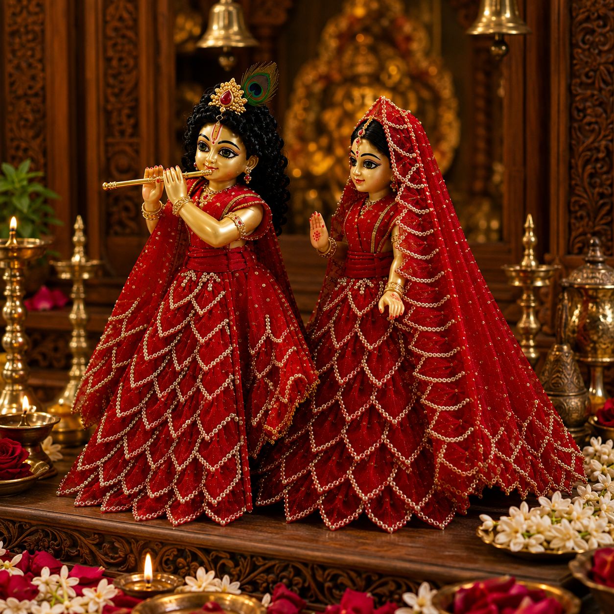 Bansuri Premium Handmade Radha Krishna Poshak Set | Red Pearl Embroidered Radha Krishna Dress | Designer Radha Krishna Shringar Collection (FR239)