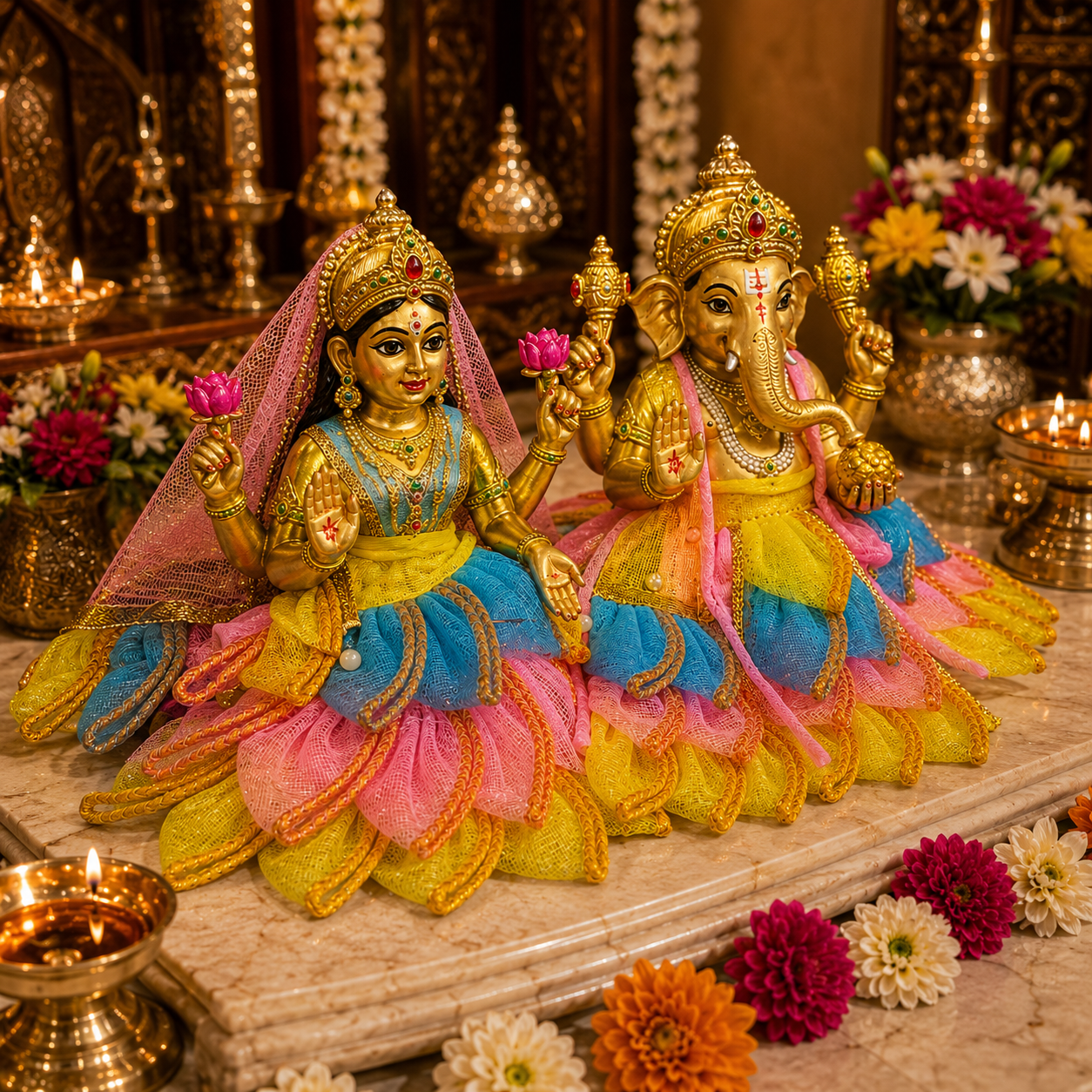 Bansuri Premium Handmade Ganesh Lakshmi Poshak | Designer Ganesh Ji & Lakshmi Ji Dress with Floral Layered Skirt | Festive Deity Dress for Diwali, Ganesh Chaturthi & Daily Shringar (TCO240)