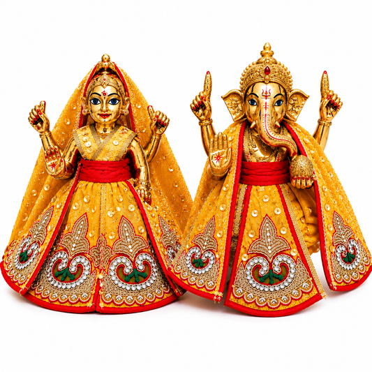 Bansuri Premium Golden Yellow Ganesh Lakshmi Dress | Designer Poshak with Red Border & Stone Work (3.5 Inch)