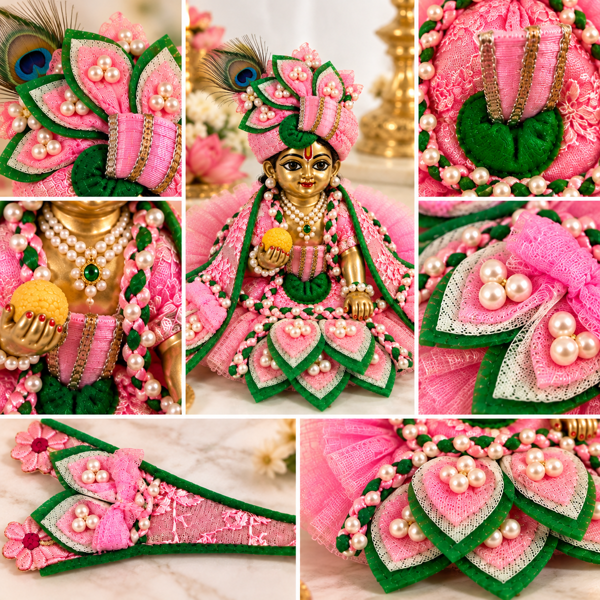 Pink Laddu Gopal Poshak with Pearl Work | Bansuri Handcrafted Pink Designer Net Poshak for Laddu Gopal Ji | Heavy Pearl & Lace Embroidery Dress for Bal Gopal / Krishna / Thakur Ji (PIGR241)