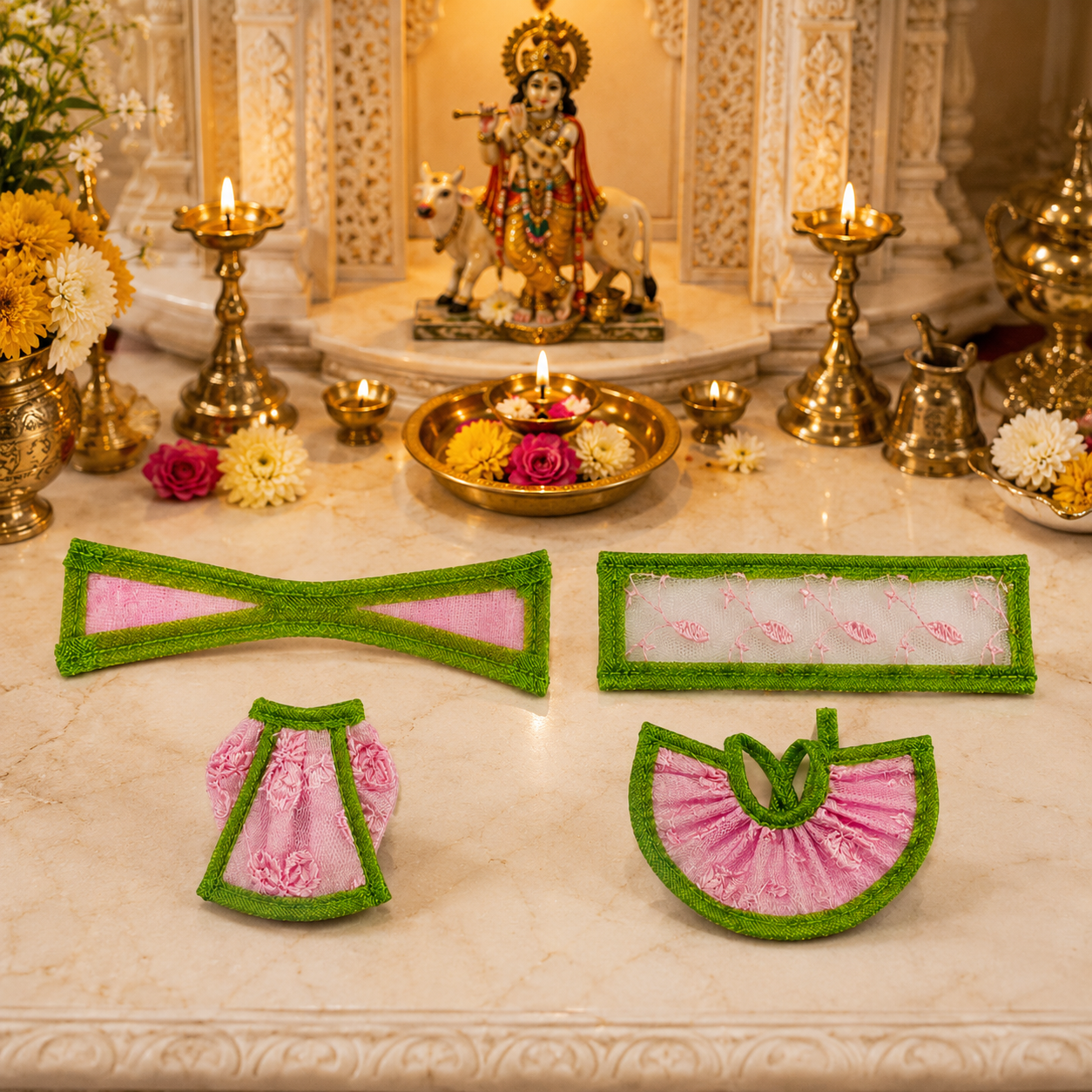 Bansuri Premium Handmade Pink & Green Ganesh Lakshmi Ji Dress Set | Designer Poshak for Ganesh Lakshmi Idol | Festive Pooja Shringar (THPI286)