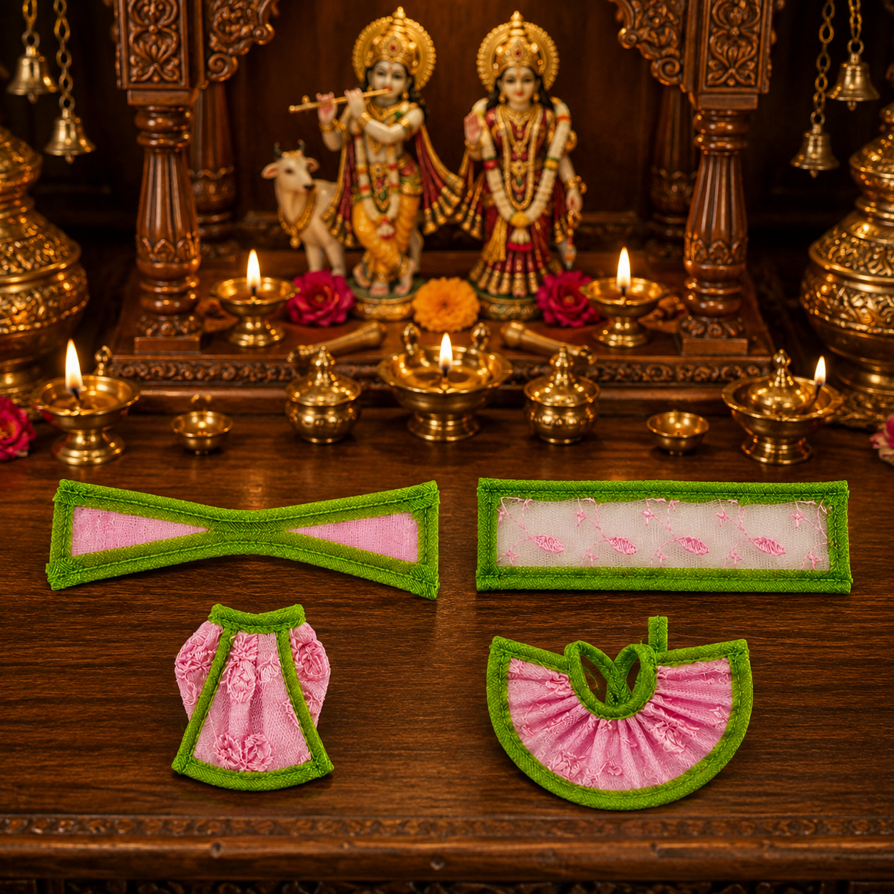 Bansuri Premium Handmade Pink & Green Ganesh Lakshmi Ji Dress Set | Designer Poshak for Ganesh Lakshmi Idol | Festive Pooja Shringar (THPI286)