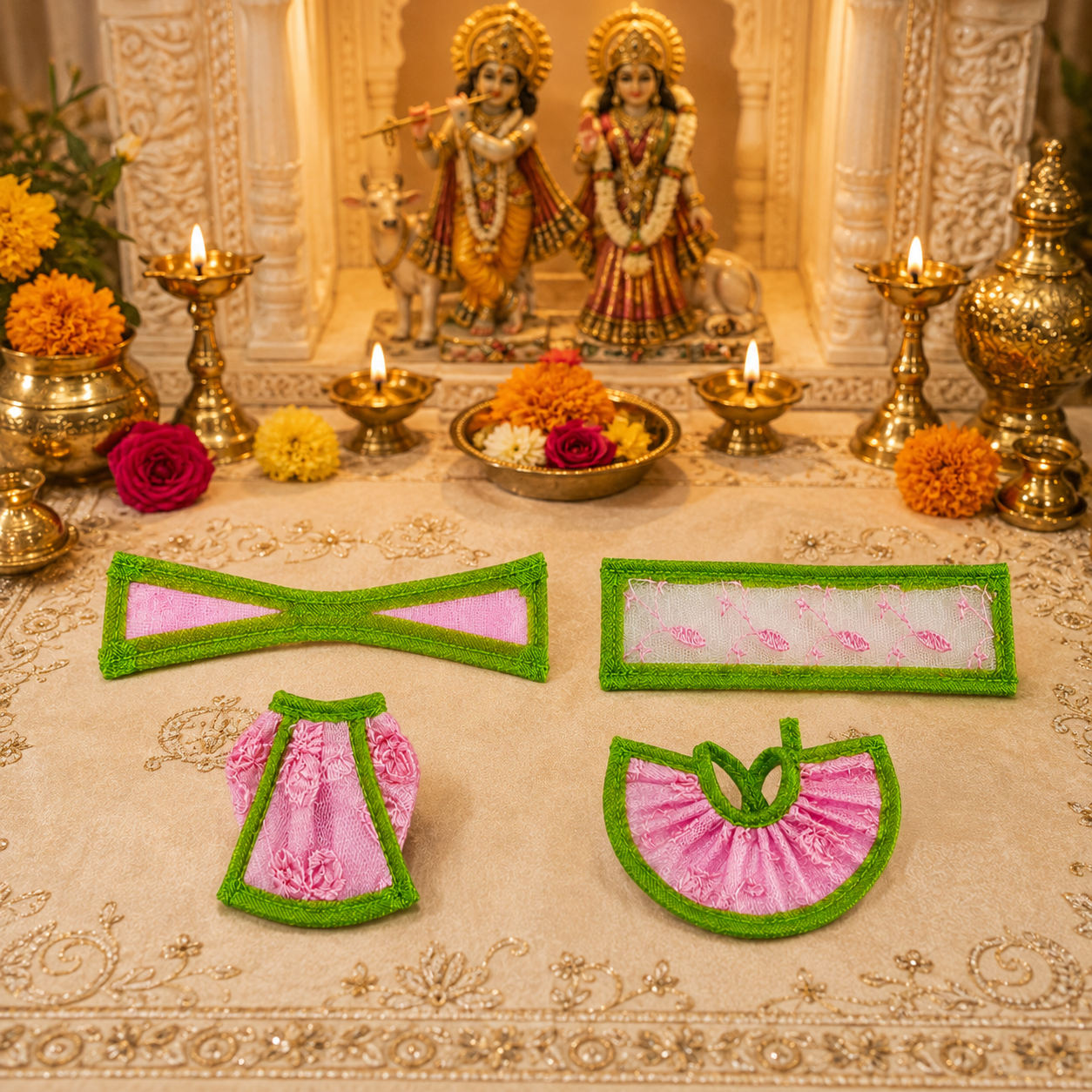 Bansuri Premium Handmade Pink & Green Ganesh Lakshmi Ji Dress Set | Designer Poshak for Ganesh Lakshmi Idol | Festive Pooja Shringar (THPI286)