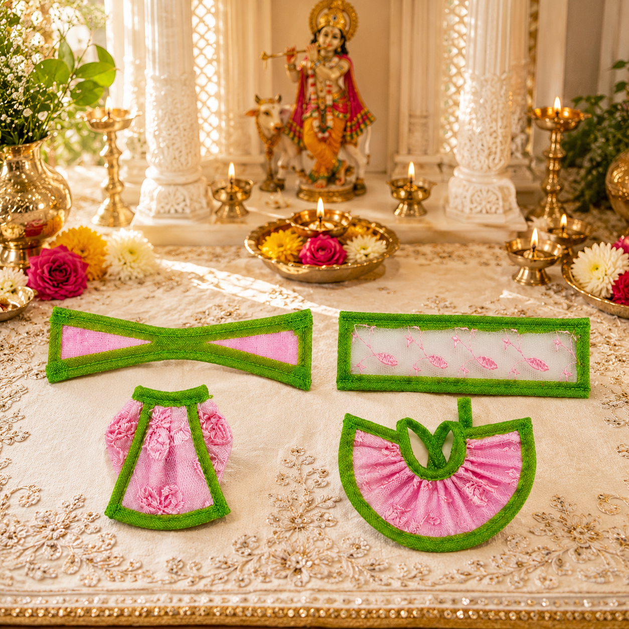 Bansuri Premium Handmade Pink & Green Ganesh Lakshmi Ji Dress Set | Designer Poshak for Ganesh Lakshmi Idol | Festive Pooja Shringar (THPI286)