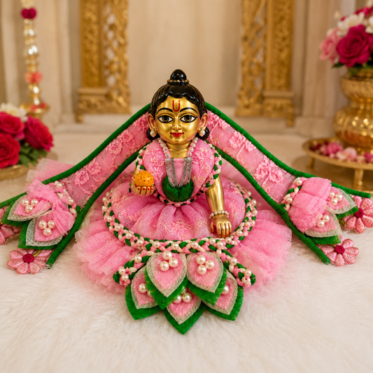 Pink Laddu Gopal Poshak with Pearl Work | Bansuri Handcrafted Pink Designer Net Poshak for Laddu Gopal Ji | Heavy Pearl & Lace Embroidery Dress for Bal Gopal / Krishna / Thakur Ji (PIGR241)