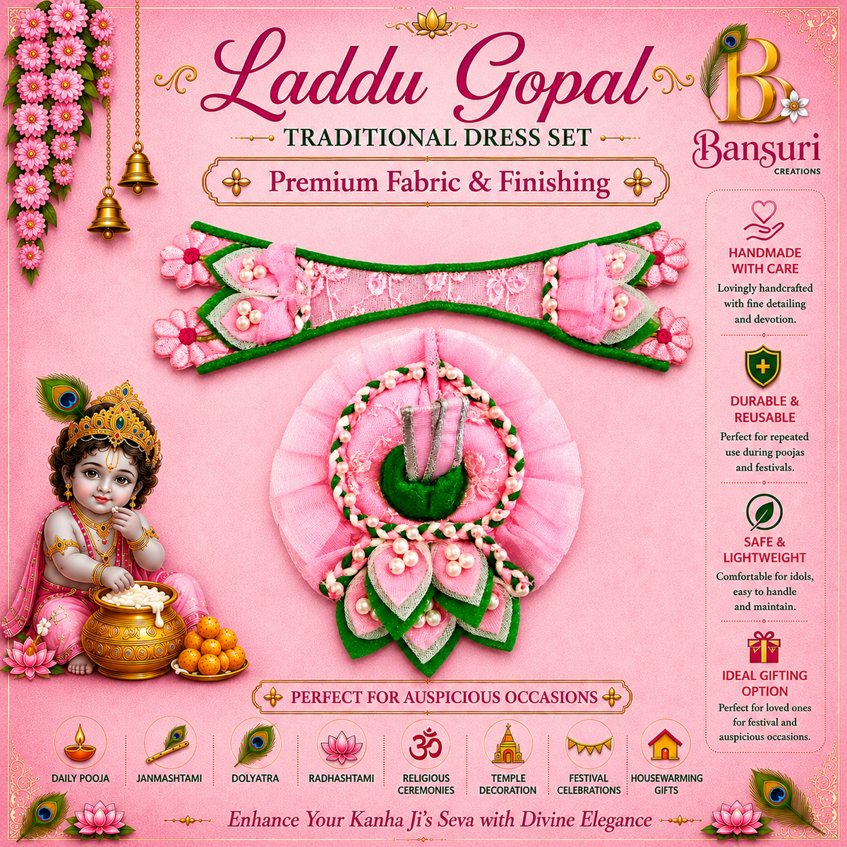 Pink Laddu Gopal Poshak with Pearl Work | Bansuri Handcrafted Pink Designer Net Poshak for Laddu Gopal Ji | Heavy Pearl & Lace Embroidery Dress for Bal Gopal / Krishna / Thakur Ji (PIGR241)