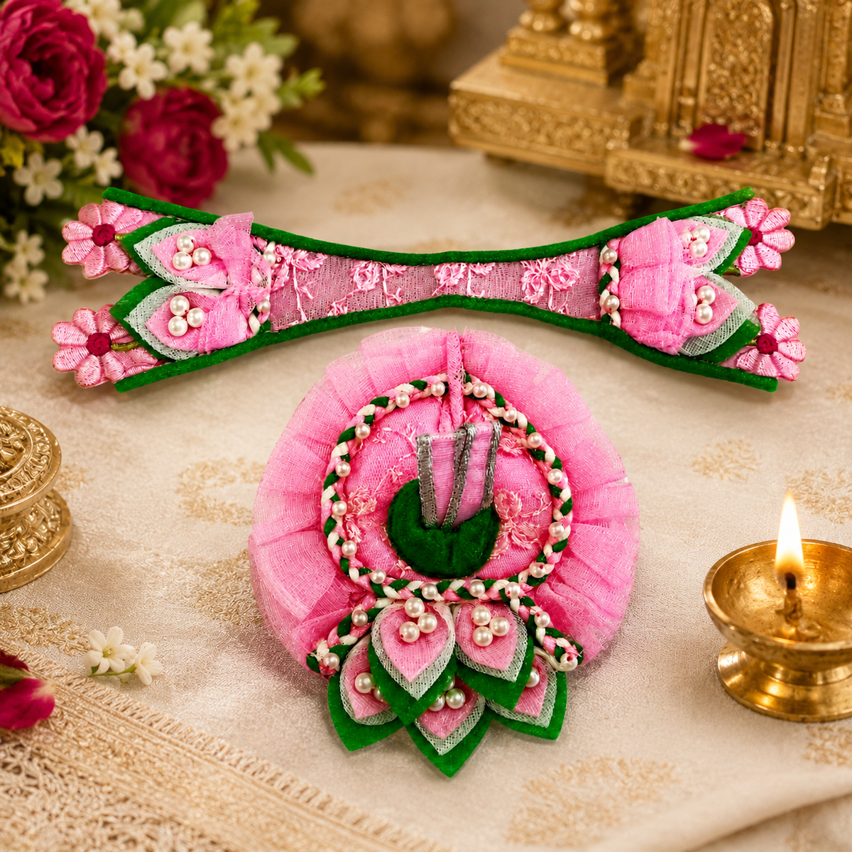 Pink Laddu Gopal Poshak with Pearl Work | Bansuri Handcrafted Pink Designer Net Poshak for Laddu Gopal Ji | Heavy Pearl & Lace Embroidery Dress for Bal Gopal / Krishna / Thakur Ji (PIGR241)