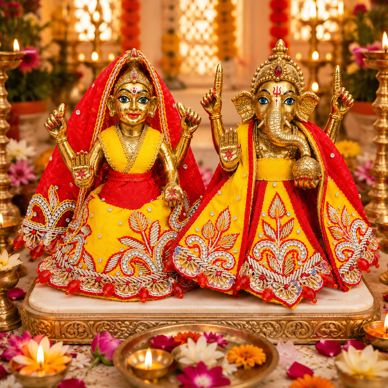 Bansuri Premium Handmade Ganesh Lakshmi Poshak | Designer Ganesh Ji & Lakshmi Ji Dress | Festival Collection |