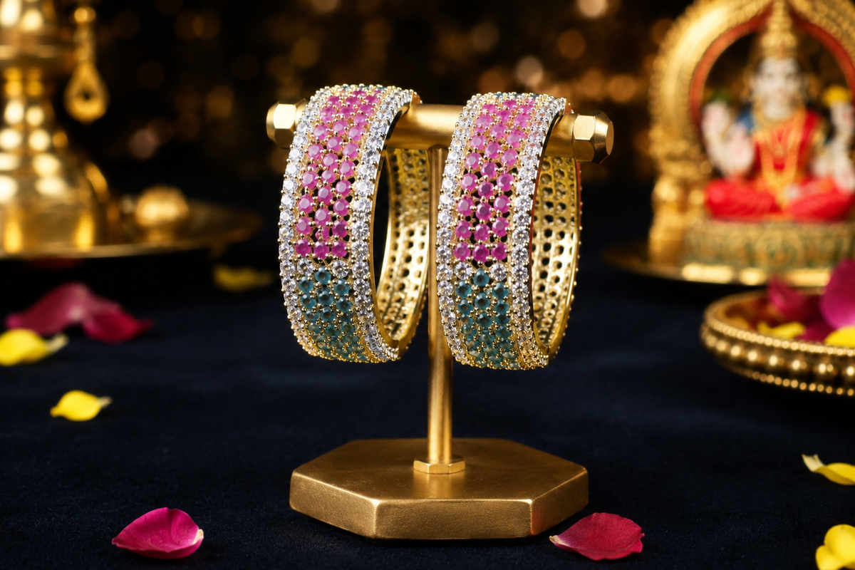 Bansuri Deity Bangles Set of 2 – Gold-Plated God Churi with Ruby & Emerald AD Stonework, Stylish Locking Clasp for Krishna, Radha, Lakshmi & Laddu Gopal Idols