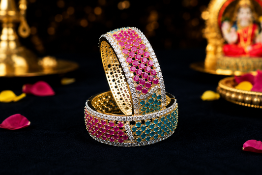Bansuri Deity Bangles Set of 2 – Gold-Plated God Churi with Ruby & Emerald AD Stonework, Stylish Locking Clasp for Krishna, Radha, Lakshmi & Laddu Gopal Idols