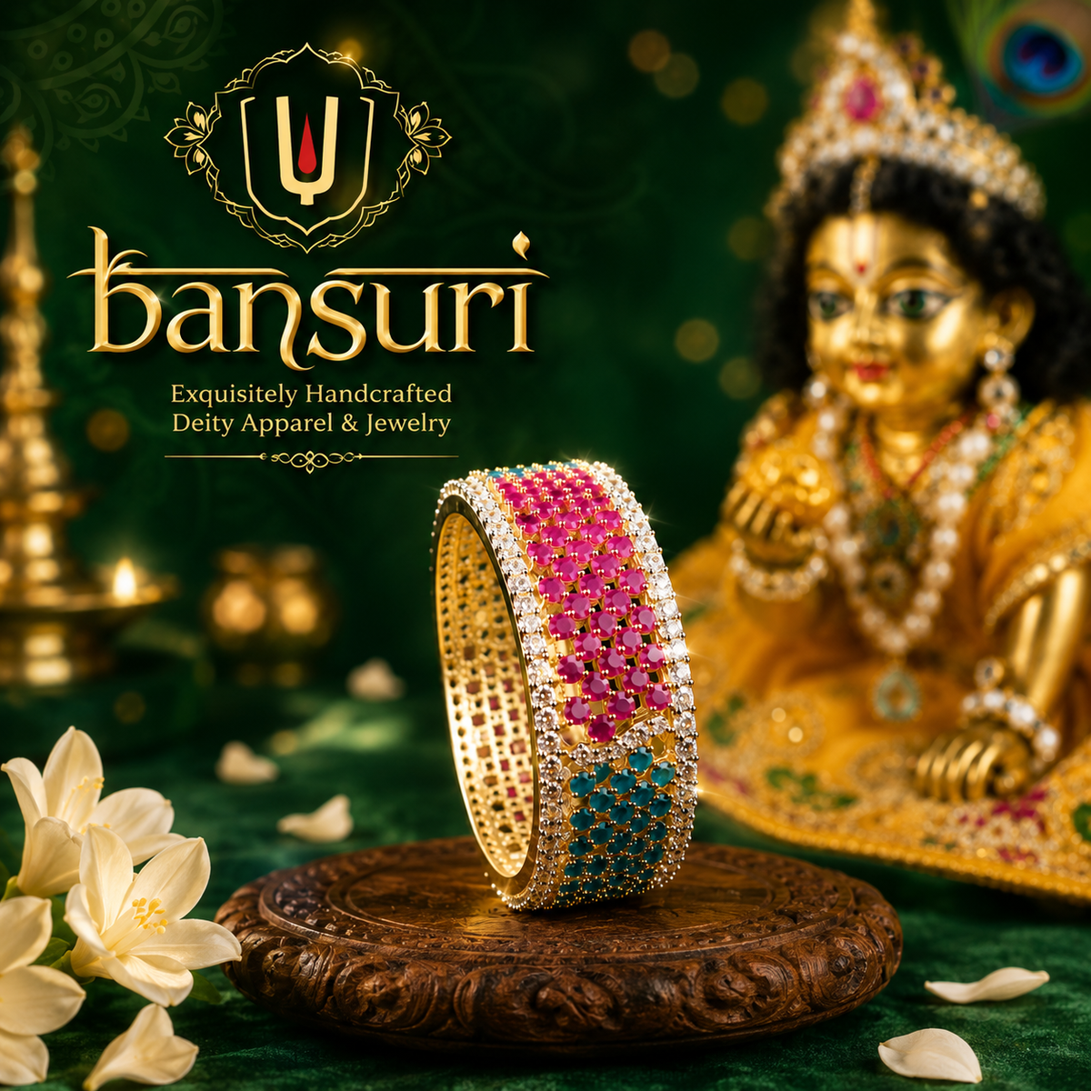 Bansuri Deity Bangles Set of 2 – Gold-Plated God Churi with Ruby & Emerald AD Stonework, Stylish Locking Clasp for Krishna, Radha, Lakshmi & Laddu Gopal Idols