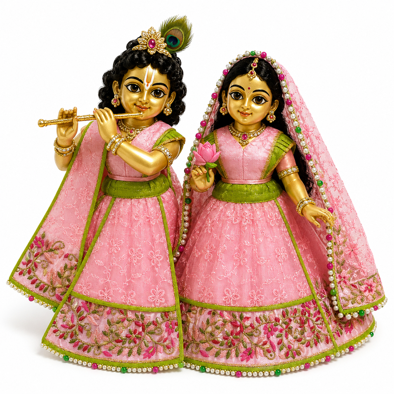Premium handmade Radha Krishna deity dress with floral embroidery, pearl detailing, and traditional craftsmanship