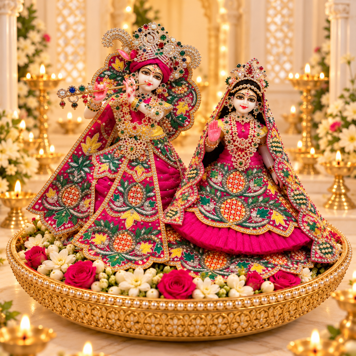 Radha Krishna Poshak – Rani Pink Pearl & Stone Work Dress Set for Krishna Ji & Radha Rani | Bansuri (GRP257)