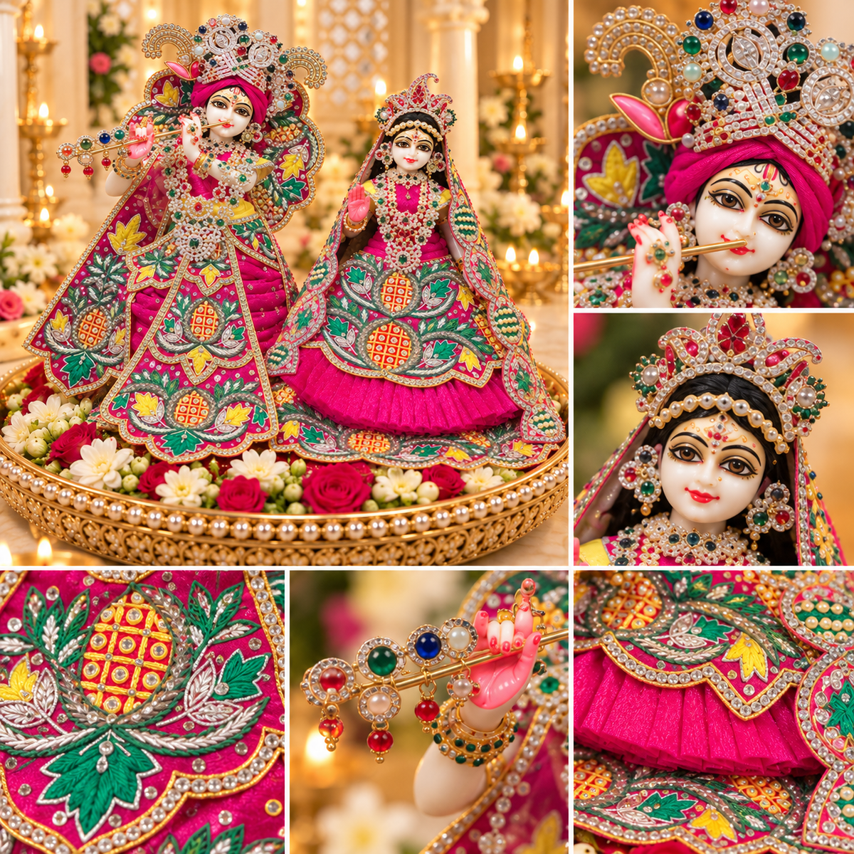 Radha Krishna Poshak – Rani Pink Pearl & Stone Work Dress Set for Krishna Ji & Radha Rani | Bansuri (GRP257)