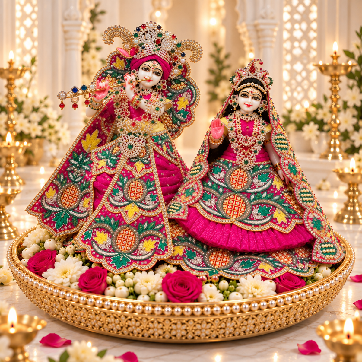 Radha Krishna Poshak – Rani Pink Pearl & Stone Work Dress Set for Krishna Ji & Radha Rani | Bansuri (GRP257)