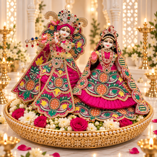 Radha Krishna Poshak – Rani Pink Pearl & Stone Work Dress Set for Krishna Ji & Radha Rani | Bansuri (GRP257)