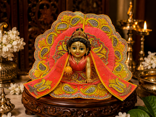 Bansuri Premium Handmade Laddu Gopal Poshak | Designer Bal Gopal Dress with Decorative Backdrop | Yellow & Pink Embroidered Kanha Ji Vastra | Festival Collection (NPY130)