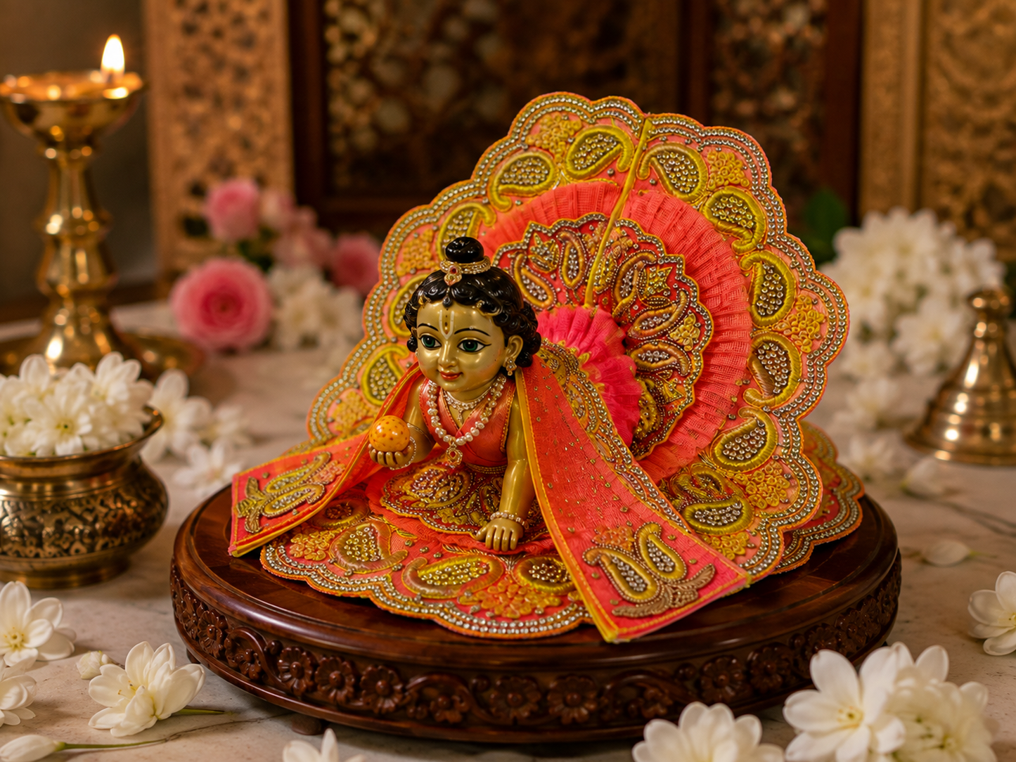 Bansuri Premium Handmade Laddu Gopal Poshak | Designer Bal Gopal Dress with Decorative Backdrop | Yellow & Pink Embroidered Kanha Ji Vastra | Festival Collection (NPY130)