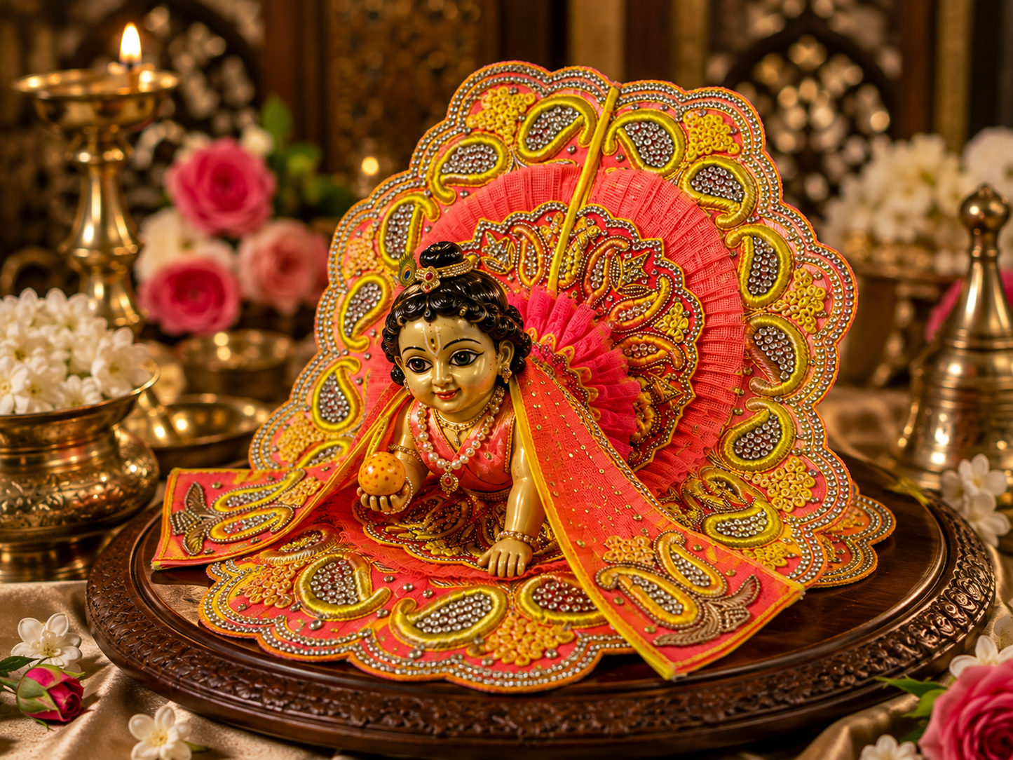 Bansuri Premium Handmade Laddu Gopal Poshak | Designer Bal Gopal Dress with Decorative Backdrop | Yellow & Pink Embroidered Kanha Ji Vastra | Festival Collection (NPY130)