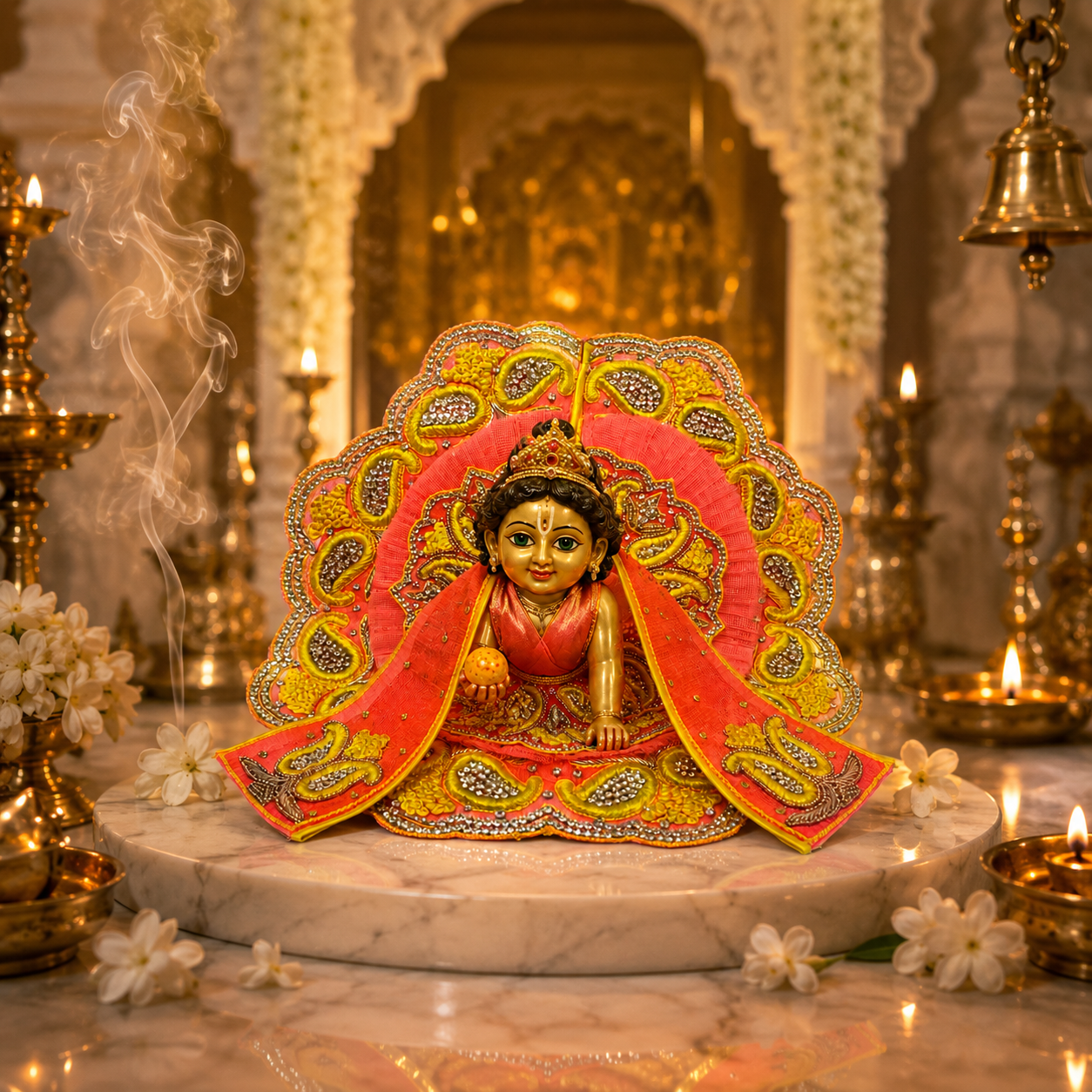 Bansuri Premium Handmade Laddu Gopal Poshak | Designer Bal Gopal Dress with Decorative Backdrop | Yellow & Pink Embroidered Kanha Ji Vastra | Festival Collection (NPY130)