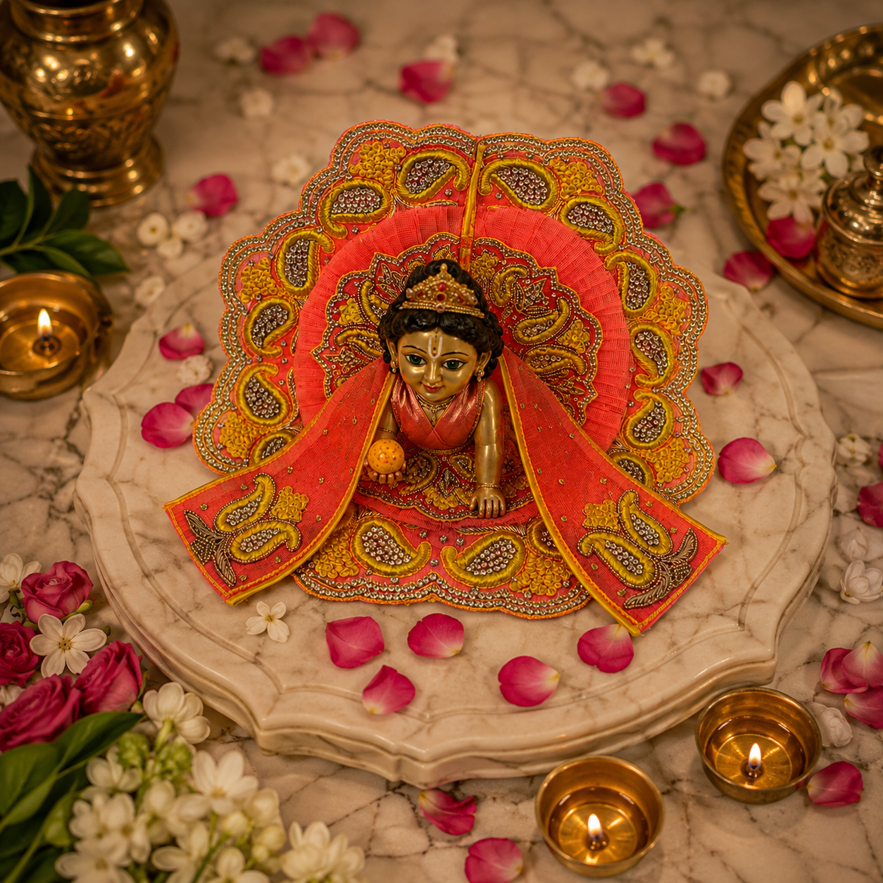 Bansuri Premium Handmade Laddu Gopal Poshak | Designer Bal Gopal Dress with Decorative Backdrop | Yellow & Pink Embroidered Kanha Ji Vastra | Festival Collection (NPY130)