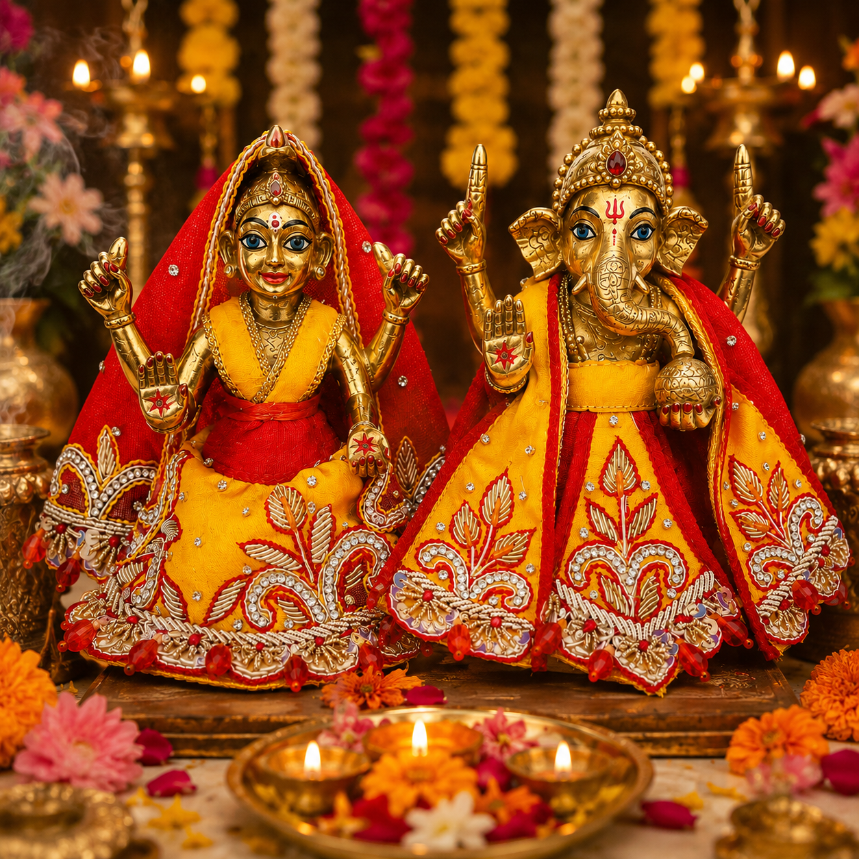 Bansuri Premium Handmade Ganesh Lakshmi Poshak | Designer Ganesh Ji & Lakshmi Ji Dress | Festival Collection |